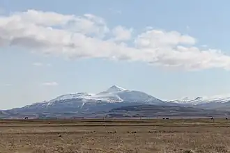 Mælifellshnjúkur, a mountain with a sharp peak, half covered in show. Animals are grazing in the foreground.
