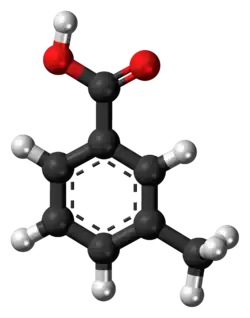 Ball-and-stick model of the m-toluic acid molecule