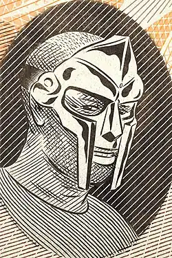 Portrait illustration of a man with thinning hair wearing a metal mask and T-shirt