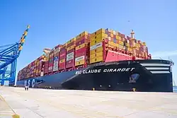 A large container ship, seen through palm trees