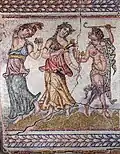 4th century A.D. Mosaic from the city of Augusta Traiana showing maenads dancing with Dionysus, playing Krotalum and cymbalum (as finger cymbals) .