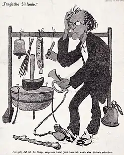 Caricature of Mahler surrounded by comical musical instruments, including a motor horn which he is operating by the use of his feet