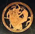 A Maenad using her thyrsos to ward off a Satyr, Attic red-figure kylix, c. 480 BC