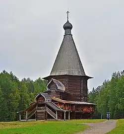 Church St. George the Victorious from the  Vershina village, octagon "from the ground" with two outbuildings and a gallery. Malye Korely (Arkhangelsk region).