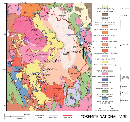 Image 5 Cathedral Peak Granodiorite Map: Grandiose, based on a map by the United States Geological Survey A geological map of Yosemite National Park (full size), showing the Cathedral Peak Granodiorite, the largest unit in the Tuolumne Intrusive Suite, which in turn is the largest granitic suite in the park.      Cathedral Peak Granodiorite      Rest of the Tuolumne Intrusive Suite More selected pictures