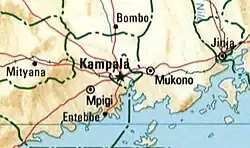 Map of Kampala and surrounding locales, including Mpigi, Entebbe, Bombo, and Jinja