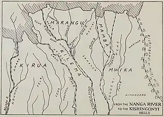 Map of Kirua, Kilema, Marangu, Mamba and Mwika kingdoms after their unifications c.1950s