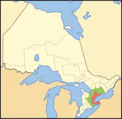 Location of the Golden Horseshoe in Ontario. ██ Core area ██ Greater Golden Horseshoe