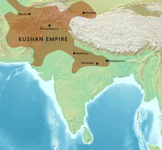 A map of India in the 2nd century AD showing the extent of the Kushan Empire (in brown) during the reign of Kanishka. Most historians consider the empire to have variously extended as far east as the middle Ganges plain,[1] to Varanasi in the eastern Gangetic plain,[2][3] or probably even Pataliputra.[4][5]