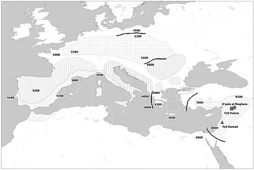 Map of the spread of Neolithic farming cultures from the Near-East to Europe, with dates in year BCE.