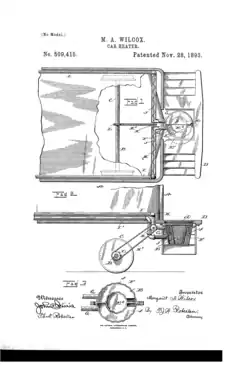 Photograph shows an early patent of a train car heater, made and patented by Margaret A. Wilcox in 1893.