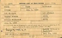 Scan of birth certificate of Marilyn Monroe
