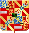 The coat of arms used by Maurice showing the county of Moers (top left center and bottom right center) and his mother's arms of Saxony (center)[1][27][28]