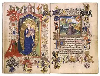 An open book displaying two pages of a floridly hand illustrations
