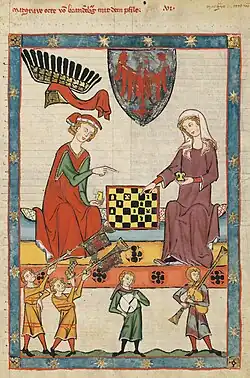 1305 and 1340 A.D., Zurich, Switzerland. Codex Manesse showing King Otto IV of Brandenburg playing chess with a woman. Below are busines, tabor drum with two drumsticks, and bagpipes.