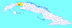 Melena del Sur municipality (red) within Mayabeque Province (yellow) and Cuba