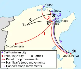 A map showing the major movements of both sides during the Mercenary War