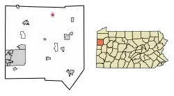 Location of Sheakleyville in Mercer County, Pennsylvania.