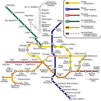 Map of Bucharest Metro stations, also showing M6 line, which is currently under construction