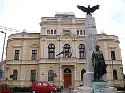 Mezőberény town hall, WWI, WWII and István Horthy memorial with Turul bird