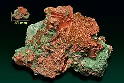 Native copper with verdigris, Keweenaw Peninsula, Michigan, USA. (4.1 cm)