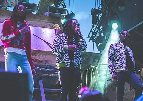 Migos performing at the 2017 Veld Festival in 2017. From left to right: Quavo, Takeoff, and Offset