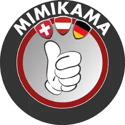 A white gloved hand in a grey circle giving a thumbs up, above the hand are the three flags of Switzerland, Austria, and Germany within shields. Above them is the word MIMIKAMA in block capitals