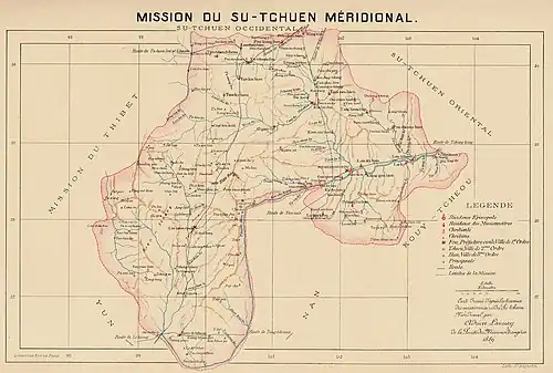 Ningyuan (Lin-yuen-fou) was part of the Southern Szechwan Mission. Map by Adrien Launay [fr] MEP, 1889.
