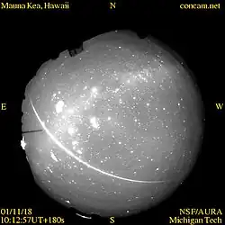 Sky image from the CONCAM at Mauna Kea Observatories on Nov. 18, 2001, showing the long trail of a Leonid meteor