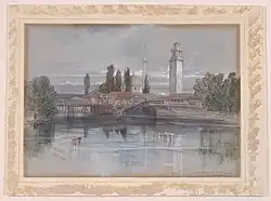 This 1848 painting of downtown Monastir (Bitola) by Edward Lear features the Gazi Hajdar Kadi Mosque and the Clock Tower.