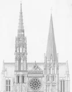 West front of Chartres Cathedral. The tower on the left is largely openwork