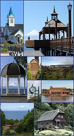 Top:Frutillar Lutheran Temple, Frutillar Bajo Dock, (left to right) Middle:View of Llanquihue Lake and Osorno Volcano, Francismo Tolo Monument in Bernando Avenue, Frutillar Reloj Monument, Frutillar Baja German Colonial Museum, Frutillar Baja Lke Theater (Teatro del Lago) (left to lower right) Bottom:View of Lake Llanquihue and Osorno Volcano, from Frutillar Bajo, A heritage house in Frutillar German Colonial Museum (left to right)