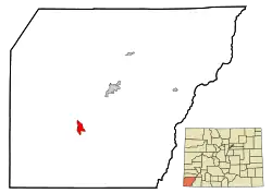 Location of the Towaoc CDP in Montezuma County, Colorado.Colorado