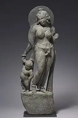 Mother Goddess from entrance of a Hindu Temple, Tanesara-Mahadeva (near Udaipur), suggesting connections with the Art of Gandhara.[72] 5th-6th[73][74] or early 7th century CE.[75]