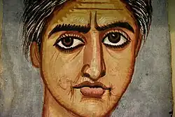 Mummy portrait of a woman from Fayum, Hawara, modern-day Egypt. Encaustic on wood, AD 300–325. British Museum