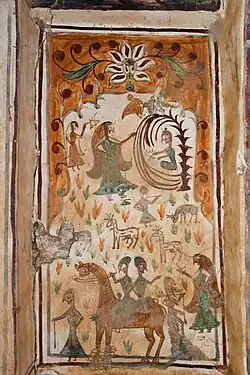 Mural panel depicting romances of Laila and Majnun (above) and Sasui and Punhun (below) in a tomb in the necropolis of Mian Nasir Muhammad Kalhoro in Sindh