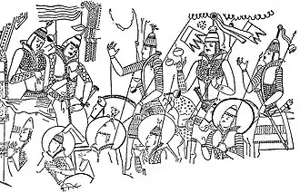 Mural with warriors in the right corridor, outside wall: the War for the relics of the Buddha.[143] They wear lamellar helmets, and their sword guards have typical Hunnish designs of rectangle or oval shapes with cloisonné ornamentation:[47] Weaponry can be dated to the 5th century CE.[47] The mural was very clear, but disintegrated upon removal by Grünwedel: only a few fragments remain in-situ.