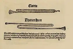 Virdung illustrated (1511 AD) bent trumpets including clareta, thin tubed to produce high notes. Thurner horn; may be thürmer (tower), as in tower watchmen.[26]