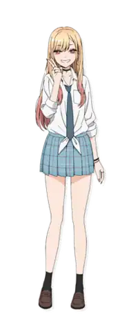 Full-body shot of Marin Kitagawa smiling while posing with a V-sign. She is a first-year student with a gyaru appearance, featuring long, bleached hair with pink-dyed tips and long pink nails. She is wearing a sailor fuku, consisting of a shirt tied in the front, a tie, and a miniskirt, together with leather shoes.