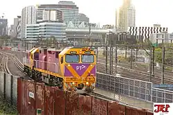 V/Line N class N456 running over the Regional Rail Link's elevated North Melbourne bypass