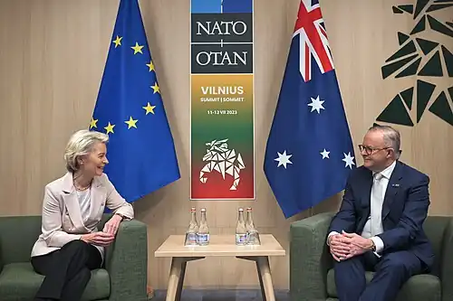 Albanese with European Commission President Ursula von der Leyen at the NATO Summit in Vilnius, Lithuania, in 2023