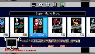 The menu for the NES Classic Edition, showing its titles by release date. Pictured from left are Excitebike, Ice Climber, Super Mario Bros., Donkey Kong, Donkey Kong Jr. and Mario Bros.