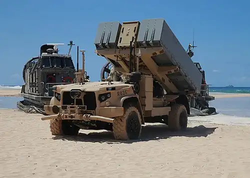 In December 2019, the Marine Corps tested a version of the JLTV called ROGUE Fires, which consists of an unmanned JLTV-based mobile launch platform carrying a Naval Strike Missile launcher unit.[155]