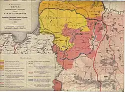 TKPZK (which argued for Polish annexation of Lithuania) propaganda map in 1921, claiming to show the ethnic makeup of the western lands of the former Grand Duchy of Lithuania. Red is supposed to mean Poles in Lithuania, and yellow – Lithuanians.