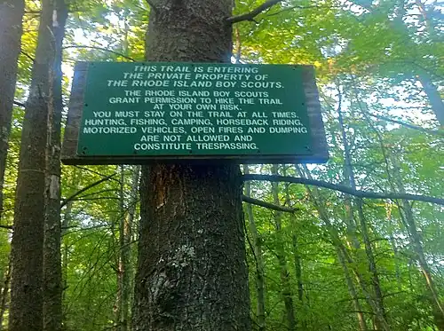 Narragansett Trail Eastern Terminus at Connecticut - Rhode Island State Line Green Fall Road. Rhode Island Boy Scouts private property sign.