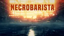 Key art for the game Necrobarista, showing the protagonist standing alone in a warehouse, shoulders hunched.