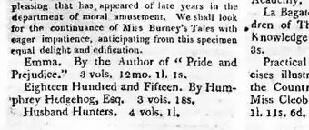 Snippet from magazine which reads "Emma. By the author of 'Pride of Prejudice'. 3 vols. 12 mo. 1l. 1s."