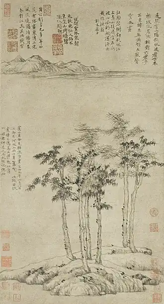 Ni Zan (Chinese: 倪瓚; 1301–1374), Six Gentlemen (Chinese: 六君子圖), ink on Xuan paper mounted on hanging scroll, dimensions: W 33.3 cm, H 61.9 cm, 1345, China. Collected by Shanghai Museum.