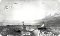 Engraving, circa 1850, showing the coast of the island of Noirmoutier seen from the sea.