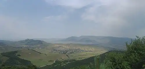 The northern part of Armenia's northern province of Lori as seen from Pushkin Pass. Visible in this picture is the village of Agarak (background, right)